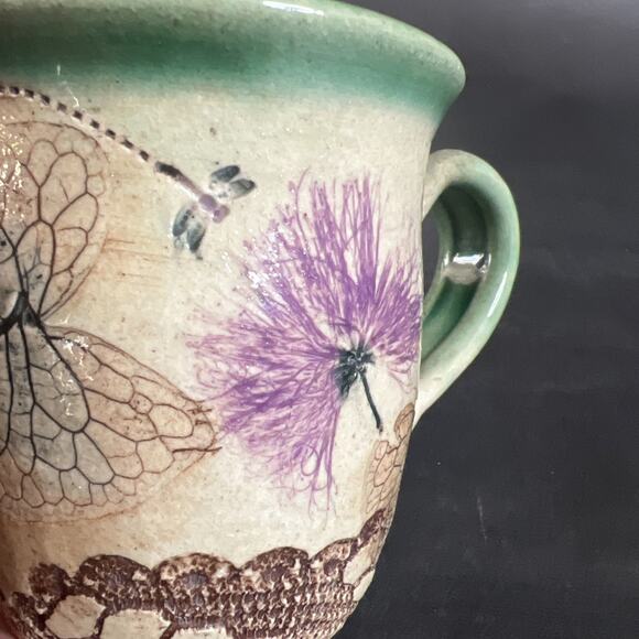 Handmade Stoneware Mug Leaf Motif Dragonfly Thistle Stained Artisan Pottery - Picture 11 of 11